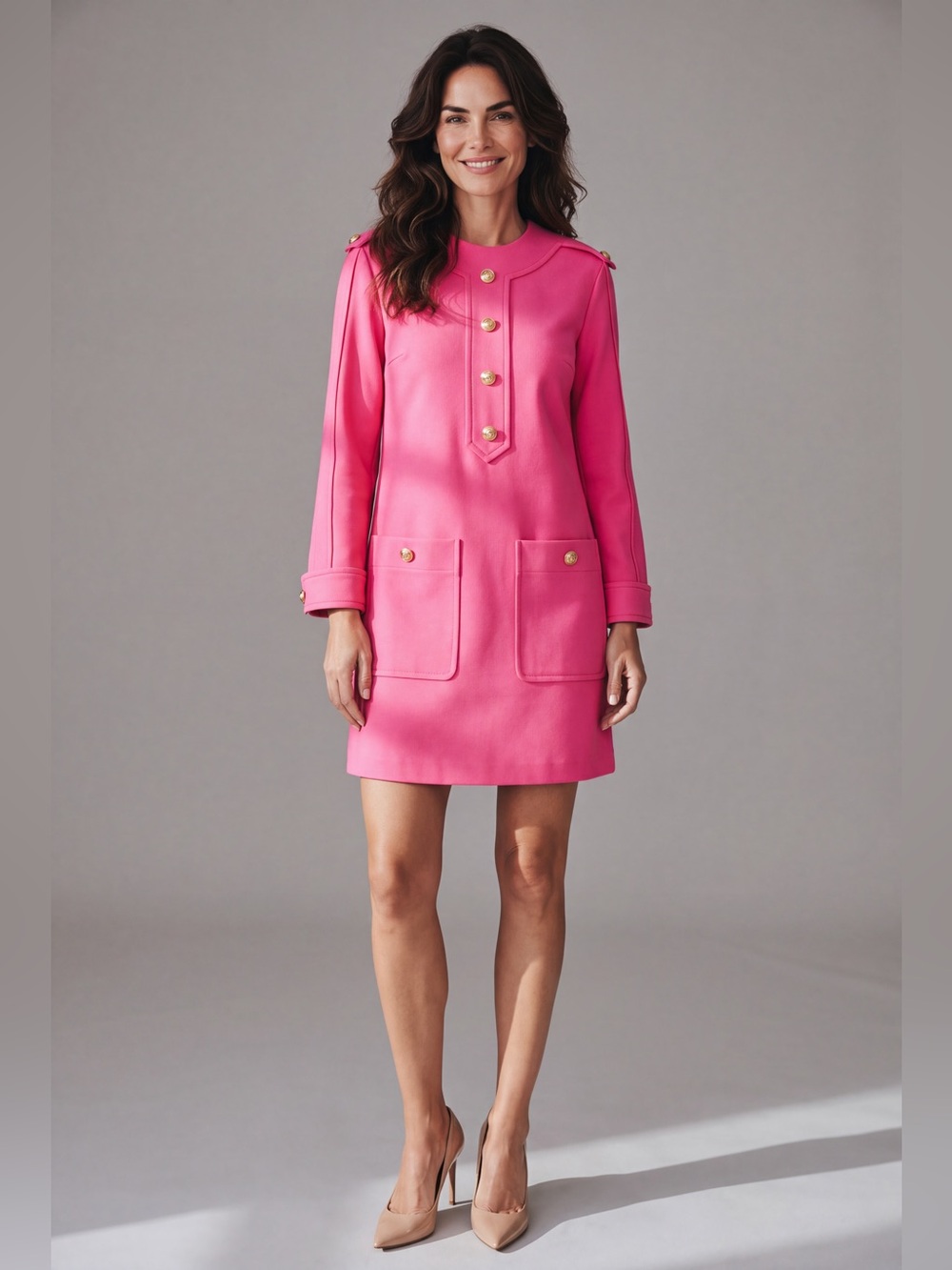 Gucci Hot Pink Shift Jacket Dress with Gold Buttons